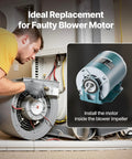 HVAC technician installing half horsepower furnace blower motor with belt drive and reversible rotation