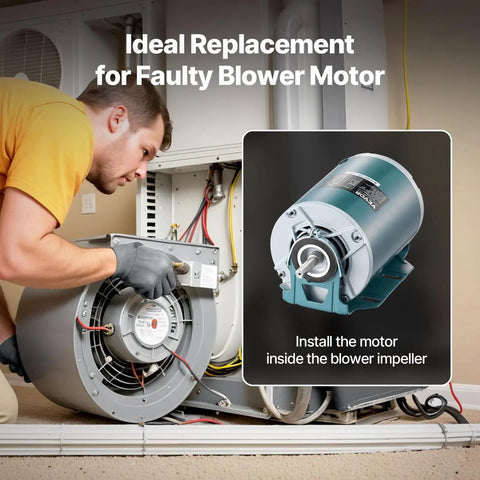 HVAC technician installing half horsepower furnace blower motor with belt drive and reversible rotation