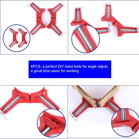 90 Degree Right Angle Clamps Set Of Four For Woodworking And Diy Projects, red aluminum clamps in various views.