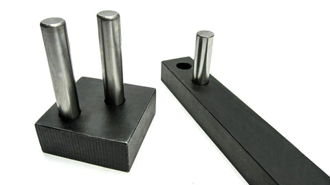 Heavy Duty Manual Rod Bender For 3/8 Inch Rods Or 1/4 Flat Steel, Bench Vise Mount, shown with dual steel bars for bending