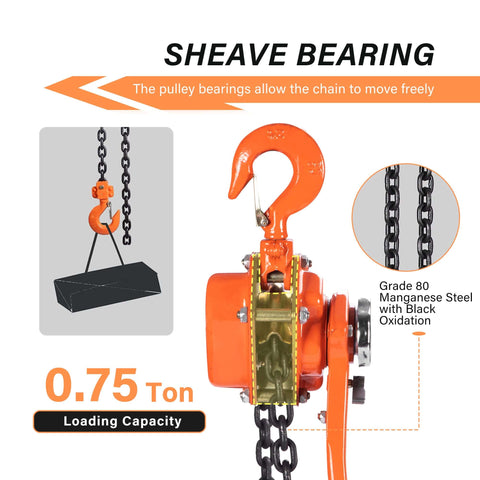 Close-up of orange Three Quarter Ton Manual Lever Hoist Come Along With 1650Lbs Capacity, Two Hooks, Ten Feet Chain, showing sheave bearing.