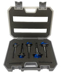 Top Notch 5 Piece Adjustable Depth Forstner Drill Bit Set With Hex Shank Carbide Tipped Woodworking tools in a protective case.