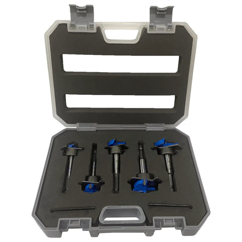 Top Notch 5 Piece Adjustable Depth Forstner Drill Bit Set With Hex Shank Carbide Tipped Woodworking tools in a protective case.