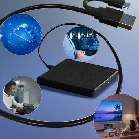 External CD And DVD Drive For Laptop With USB Connection And Extended 31.5 Inch Data Cable For Flexible Placement On Desk Or Shelf Plug And Play Portable Optical Drive For Easy Data Transfer, black USB-C drive with long cable