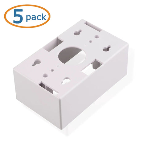 Five Pack Single Gang Low Voltage Surface Mount Backbox 1.85 Inch Depth White No Sweat Install for Walls or Under Furniture With Multiple Cutouts For Flexible Mounting And Cable Drops