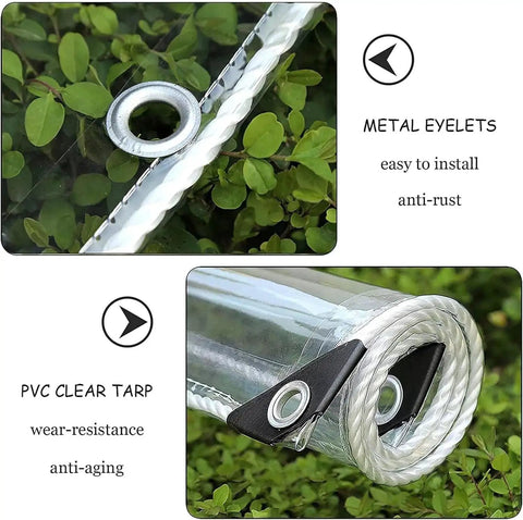 Heavy Duty Tarp With Grommets 3x6ft 14 Mil Waterproof PVC Vinyl Tarpaulin for Outdoor Use showing metal eyelets and clear tarp.