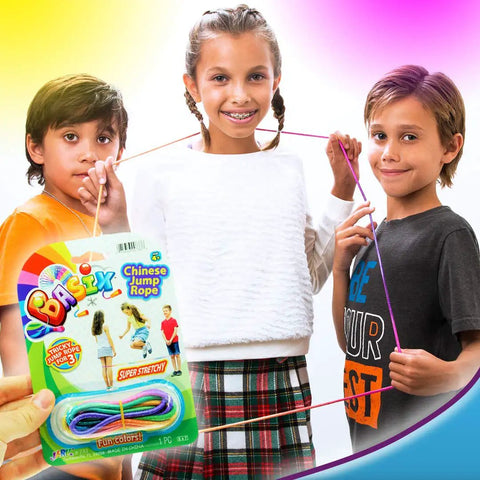 Three kids playing with Rainbow Color Chinese Jump Rope Set Of Two Elastic Jump Ropes For Kids 72 Inch Long Stretch Rope.