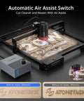20W A20 Pro V2 Laser Engraver With Auto Air Assist And Eye Protection, showing air assist feature on wood engraving