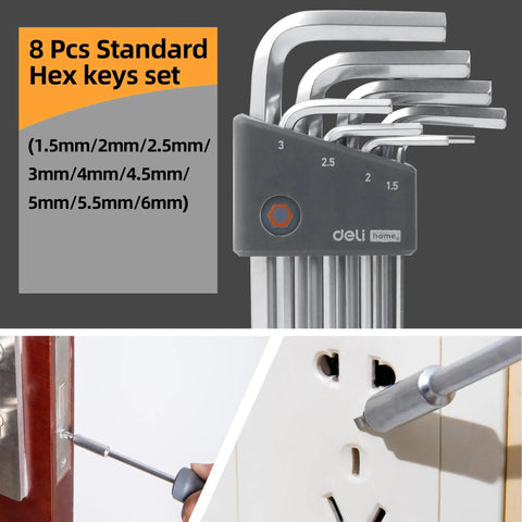 8-piece standard hex key set with sizes from 1.5mm to 6mm shown with examples of use on screws and sockets.