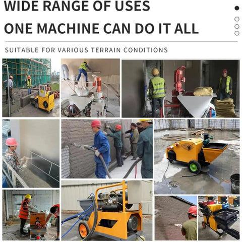 Multiple Electric Cement Spray Plaster Machines in action for various construction tasks like wall coating and plastering.