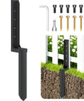Heavy Duty Black Steel Fence Post Repair Kit For A Slick No Hassle Fix On Broken Or Leaning Wooden Posts Durable Ground Anchor Stake and Real Deal Hardware For Any Tough Yard Project.