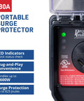 Close-up of Portable RV Smart Surge Protector SSP-30XL 30 Amp 120 Volt 3600 Watt Power Guard With Intelligent Surge Protection