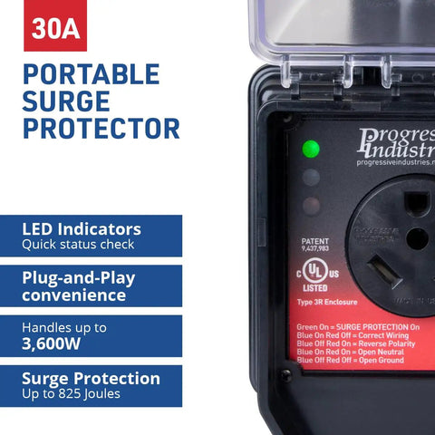 Close-up of Portable RV Smart Surge Protector SSP-30XL 30 Amp 120 Volt 3600 Watt Power Guard With Intelligent Surge Protection