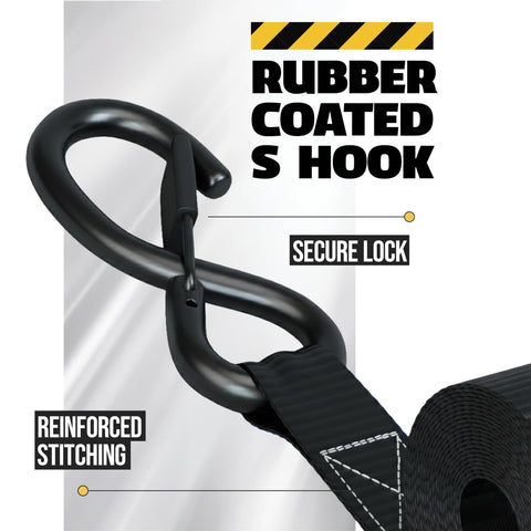 Heavy Duty Retractable Ratchet Straps 4 Pack With Soft Loops And Storage Bag Self Retracting Tie Down Straps For Motorcycle Truck Trailer Or Cargo Van 1200 Pound Break Strength 1 Inch By 10 Feet, black S hook with secure lock and reinforced stitching.