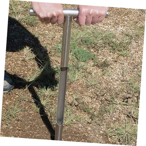 Ergonomic Stainless Steel Soil Probe Sampler in use for garden care, showcasing lightweight 35cm tool for precise soil testing in lawns.
