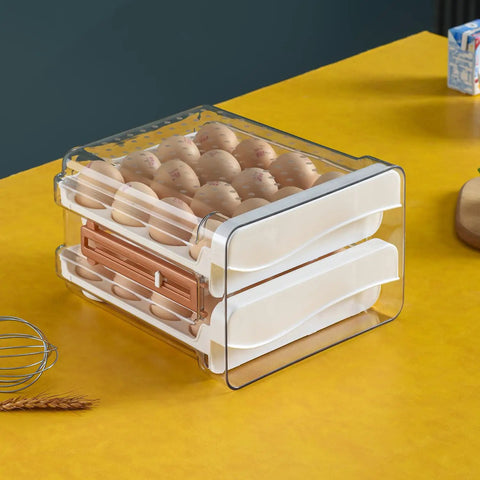 Side view of 32 Capacity Egg Holder For Fridge With Time Scale Two Drawer Egg Storage Container keeping eggs fresh