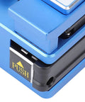 Close-up of Aramox Pro Optical Fiber Cleaver High Precision Cutter showing push button and durable blue metal body.