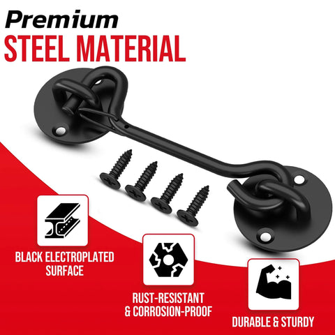 Heavy Duty 6 Inch Cabin Hook And Eye Latch With Safety Buckle, Black Privacy Latch For Barn Doors, Bedroom, Sliding Doors, Gates
