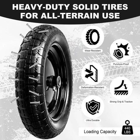 Flat Free Wheelbarrow Tire 14.5 Inch No Flat 4.80 4.00 8 Size For Gardening And Yard Work Heavy Duty Replacement Tire with graphic features