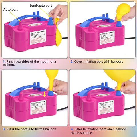 High Speed Electric Balloon Pump And Portable Balloon Blower For No Sweat Party Setup With Slick Plug And Play Action And Rock Solid Performance For Weddings Birthdays And Festivals showing steps for easy balloon inflation.