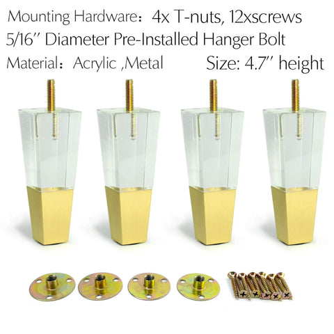 Clear Acrylic Furniture Legs Replacement Set Of 4 For Sofas Cabinets And More Modern Square Style With Gold Accent 4.7 Inch