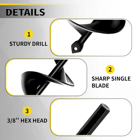 Close-up of 32 Inch Long Garden Auger Drill Bit For Planting Bulbs And Post Holes showing blade and 3/8 inch hex drive head.