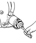 Illustration of hand using Universal Three Jaw Oil Filter Wrench for Passenger Cars and Light Duty Trucks on engine filter.