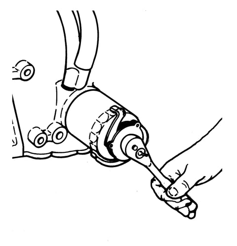 Illustration of hand using Universal Three Jaw Oil Filter Wrench for Passenger Cars and Light Duty Trucks on engine filter.