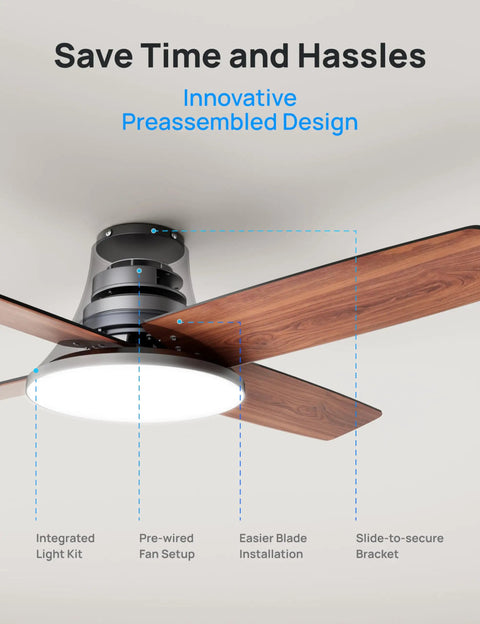 44 Inch Low Profile Ceiling Fan With Led Light And Remote Six Speed Reversible Timer Whisper Quiet Bedroom Flush Mount Lighting Fixture showing integrated light kit and pre-wired fan setup.