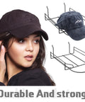 Eight Piece Wire Hat Display Racks For Slatwall Black Metal Baseball Hat Racks with caps displayed, focus on design and material