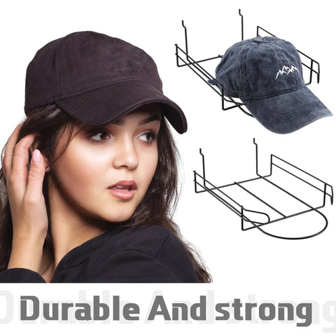 Eight Piece Wire Hat Display Racks For Slatwall Black Metal Baseball Hat Racks with caps displayed, focus on design and material