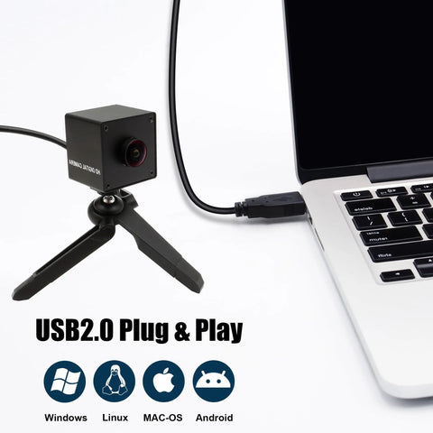 5MP USB Camera Module With Autofocus And 30FPS Wide 138 Degree Field Of View IMX335 Sensor Low Light Performance For Industrial Machine Vision UVC Plug And Play Compatibility With Windows MacOS Linux Android connected to laptop on table