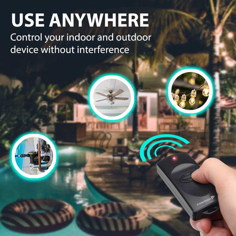 Hand holding wireless remote against outdoor backdrop, illustrating use for Outdoor Wireless Remote Control Outlet With Two Plugs, Battery Powered Remote, No Wiring Required, Control Indoor Or Outdoor Lights From Up To 100 Feet, Expandable, Grounded And ETL Listed.