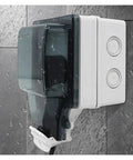 Smart Dual WiFi Socket With IP66 No Sweat Weather Shield For Indoor Outdoor Power shows water-resistant dual outlet with cover.