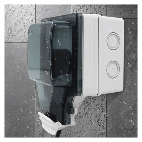 Smart Dual WiFi Socket With IP66 No Sweat Weather Shield For Indoor Outdoor Power shows water-resistant dual outlet with cover.