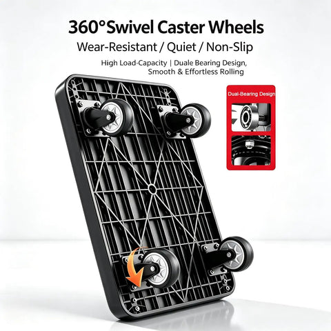Heavy Duty Push Cart Dolly Platform Truck Flatbed With Foldable Fence And 882 Lb Capacity 5 Inch Silent TPR Wheels, underside with 360° casters