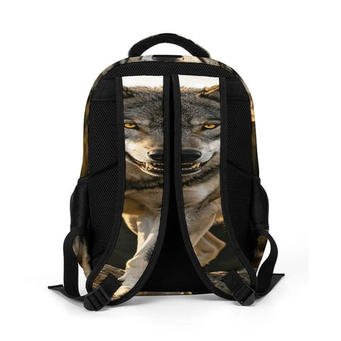Rock Mountain Grey Wolf Print Unisex Backpack back view with wolf image, breathable straps, durable polyester, adventure ready daypack