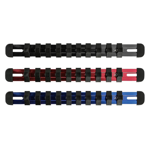 3/8-Inch Drive Aluminum Socket Rail Set With Locking End Caps Holds 10 Sockets Per Rail Includes Red Blue And Black Rails