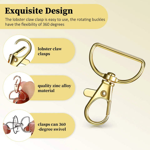 25 Heavy Duty Metal Swivel Clasp Hooks And One Inch D Ring Keychain Making Kit featuring gold zinc alloy lobster claw clasp with 360-degree swivel.