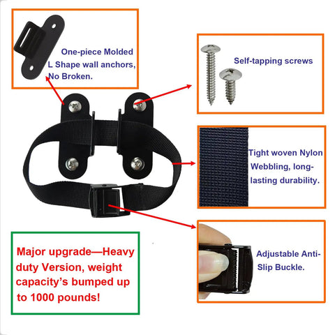 Heavy Duty Anti Tip Furniture Straps With Adjustable Wall Mount Kit for Dresser, featuring nylon webbing and metal buckles.