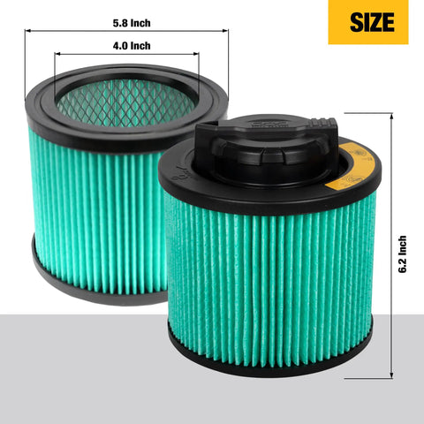 HEPA Vacuum Filter Replacement For 4 To 5 Gallon Shop Vacuums, Fits DXV04T, DXV05P, green pleated filter with dimensions shown