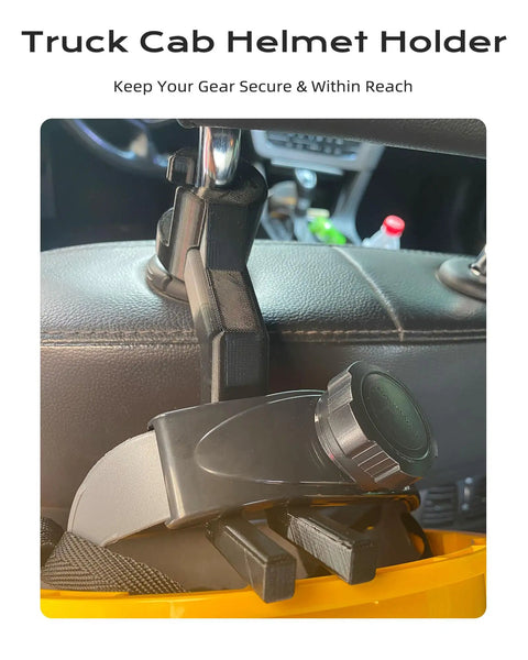 Close-up of black hard hat headrest hook organizer mounted on truck cab seat back for holding helmet securely in place.