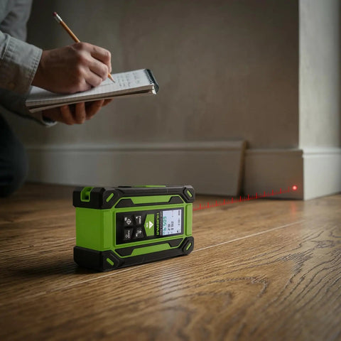 4 In 1 Digital Laser Tape Measure With Dual HD Display, 200 Ft Rechargeable Laser Distance Meter, 33 Ft Green Cross Line Laser, 10 Ft Tape, Handy For Quick Area, Volume, Pythagorean, And Leveling On Indoor Projects. Green laser meter on floor with red beam during room measurement