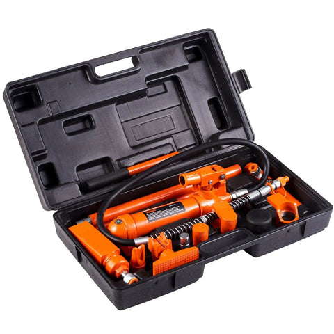 Heavy Duty 4 Ton Porta Power Kit With Portable Hydraulic Jack And 3.9 Ft Hose for auto body repair in storage case.