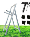 Backyard Archery Target Stand With Telescopic Height Adjustment, Foldable Metal Design on grass with tools and parts shown