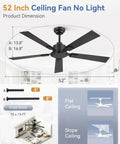 Diagram of 52 Inch Black Ceiling Fan With Remote No Light Quiet Reversible DC Motor Six Speeds, details on dimensions and ceiling options.