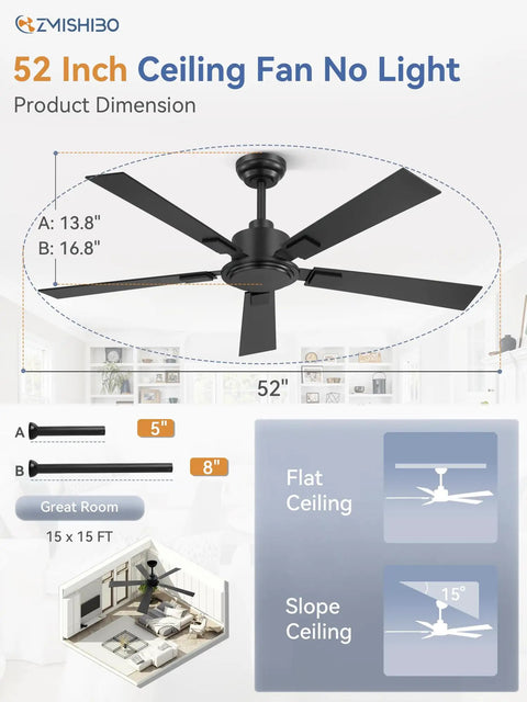 Diagram of 52 Inch Black Ceiling Fan With Remote No Light Quiet Reversible DC Motor Six Speeds, details on dimensions and ceiling options.