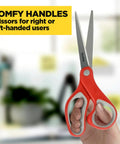 All Purpose Stainless Steel Scissors 8 Inch With Soft Grip Handle In Red And Gray For Home School Office Crafting And Left Or Right Hand Use Workhorse For Paper Fabric Cardstock And Everyday DIY Tasks, red and gray soft-grip scissors held in hand