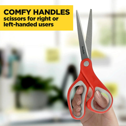 All Purpose Stainless Steel Scissors 8 Inch With Soft Grip Handle In Red And Gray For Home School Office Crafting And Left Or Right Hand Use Workhorse For Paper Fabric Cardstock And Everyday DIY Tasks, red and gray soft-grip scissors held in hand
