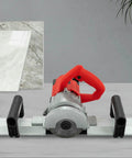 Pro Grade Electric Tile Chamfering Tool For Precise 43 Degree Bevel Cuts With 1200W Motor and ceramic tile background.